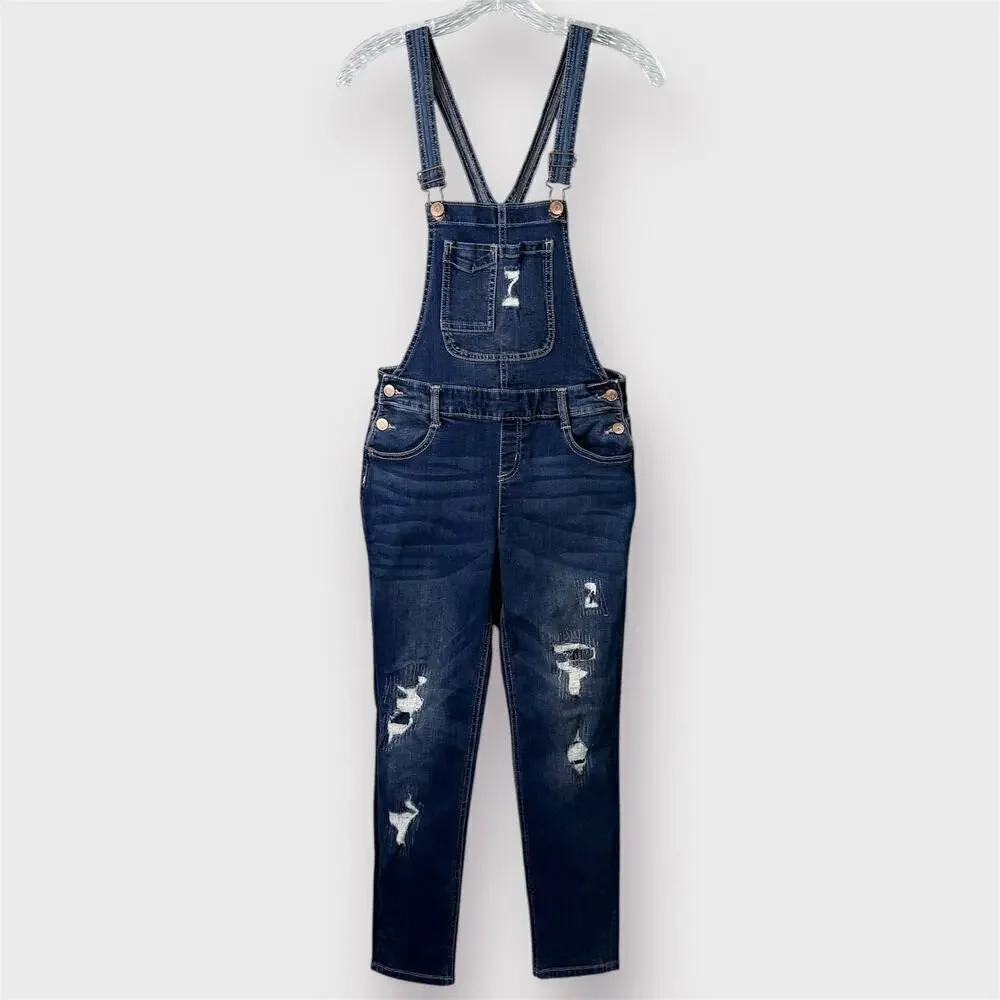Justice Distressed Dark Wash Denim Bib Overalls Skinny Stretch Girl's Size 16